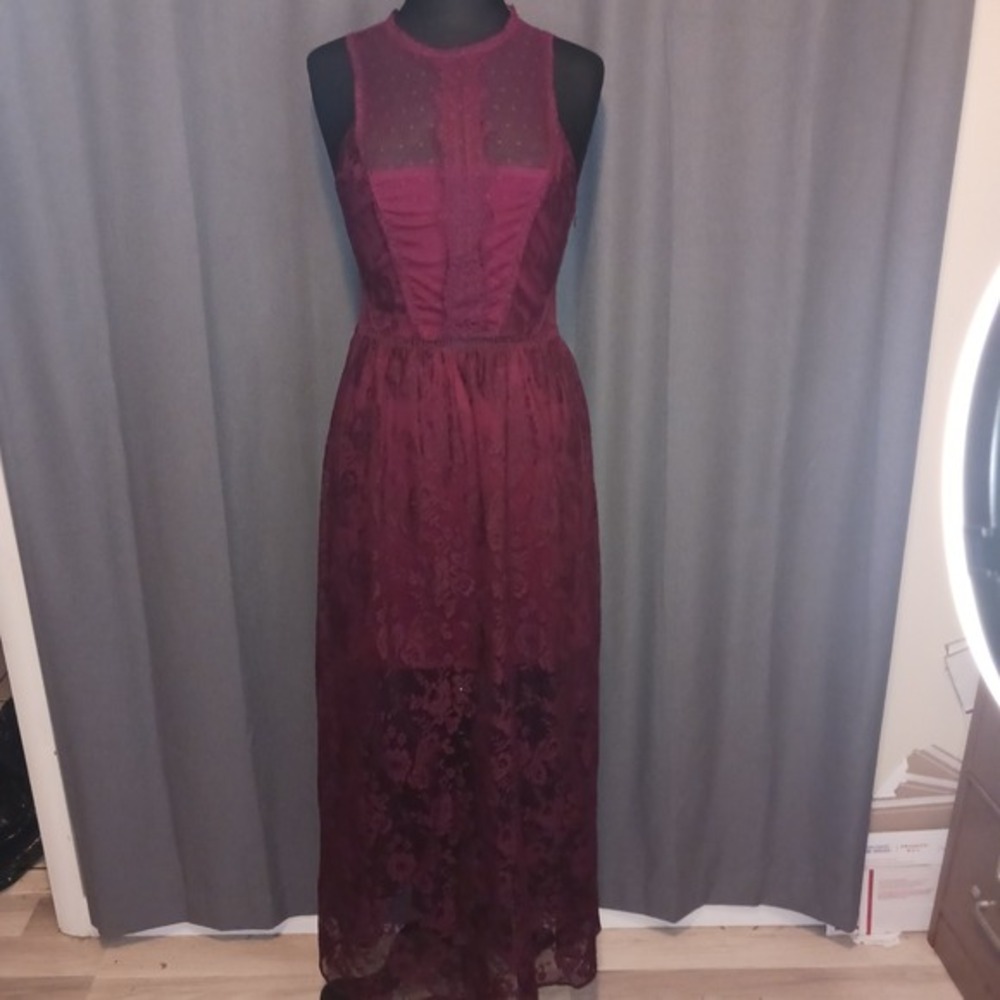 Hyfve Whimsigoth Burgundy Lace Sheer Mesh High Neck Maxi Dress Wine Red Floral L